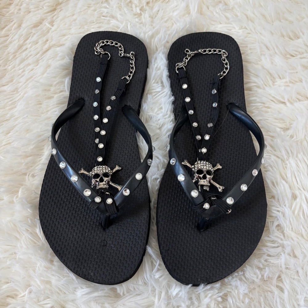Black Skull Rhinestone Chain Ankle Strap Flip Flops Sandals Womens 7 Edgy Punk